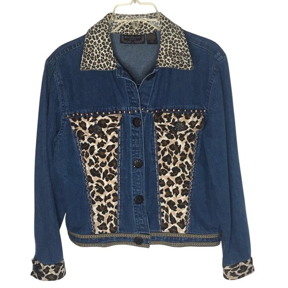 New Direction Jacket Womens Petite Medium Denim Leopard Print Studded Button Up - Picture 1 of 15